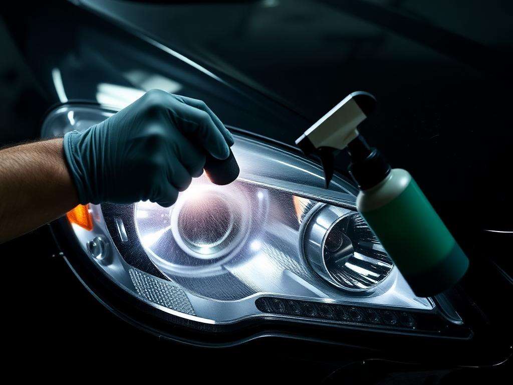 Technician sanding a headlight lens during a multi-stage restoration