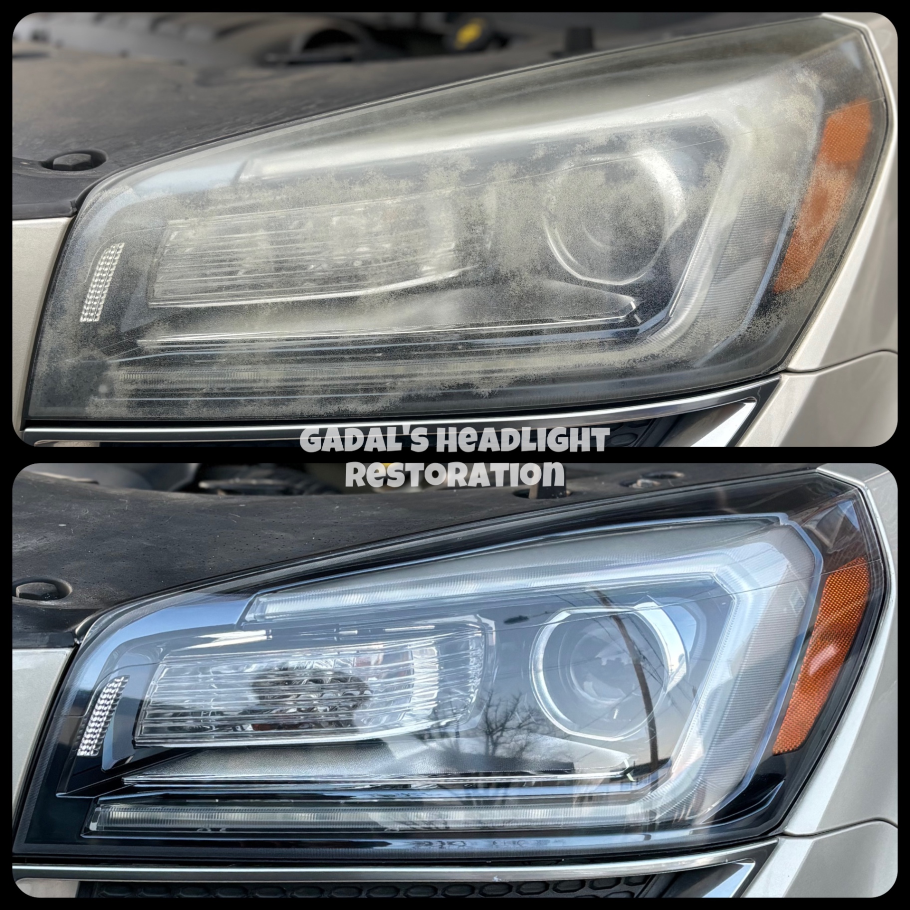 GMC Acadia headlight before and after restoration