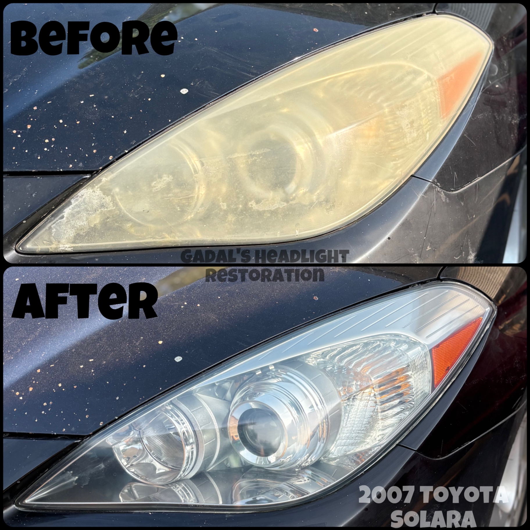 2007 Toyota Solara headlight before and after restoration