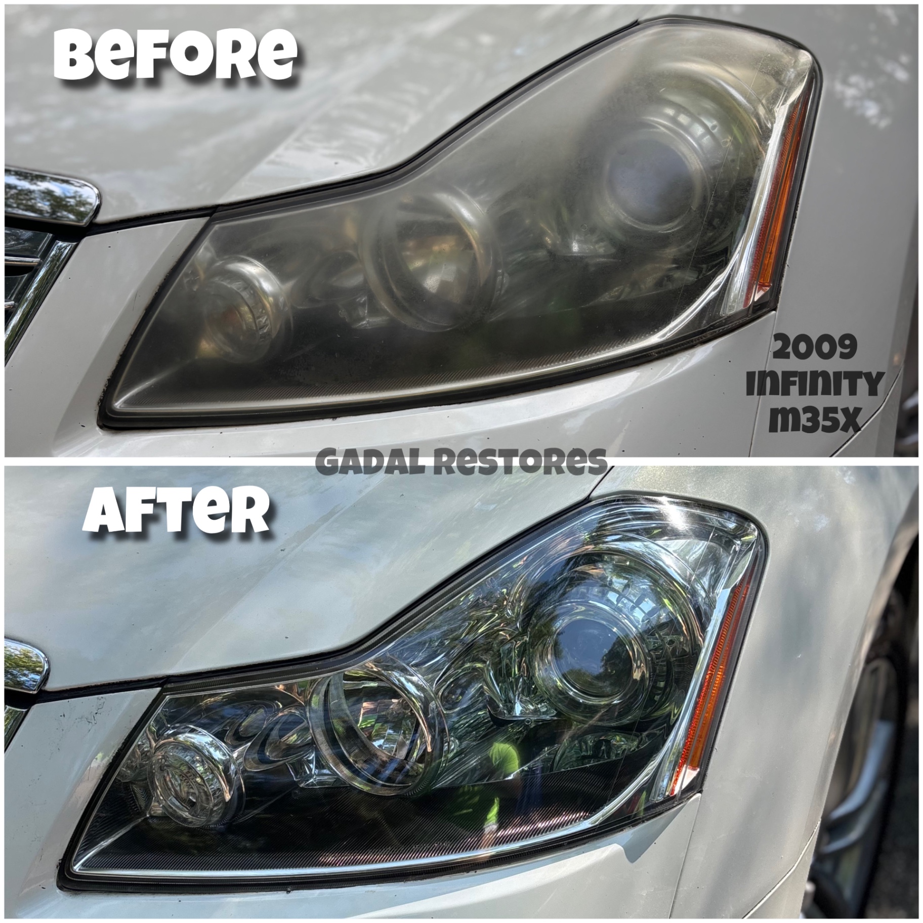 2009 Infiniti M35x headlight before and after restoration
