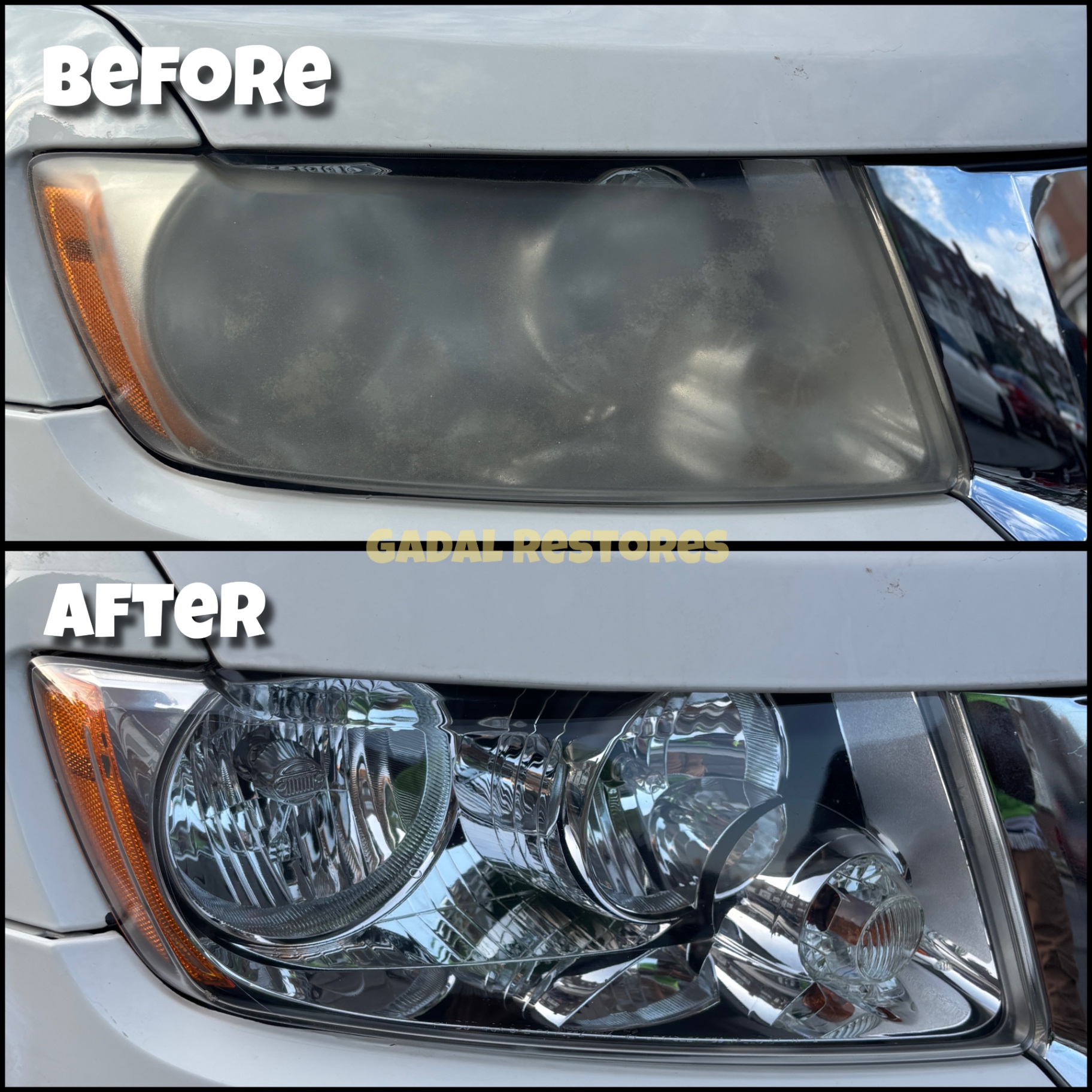 SUV headlight before and after restoration